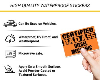 3pc Certified Bad Ass Diesel Mechanic Sticker Set, Funny Garage Vinyl Decals, Waterproof 3 Inch, Toolbox Laptop Water Bottle, Car Guy Gift