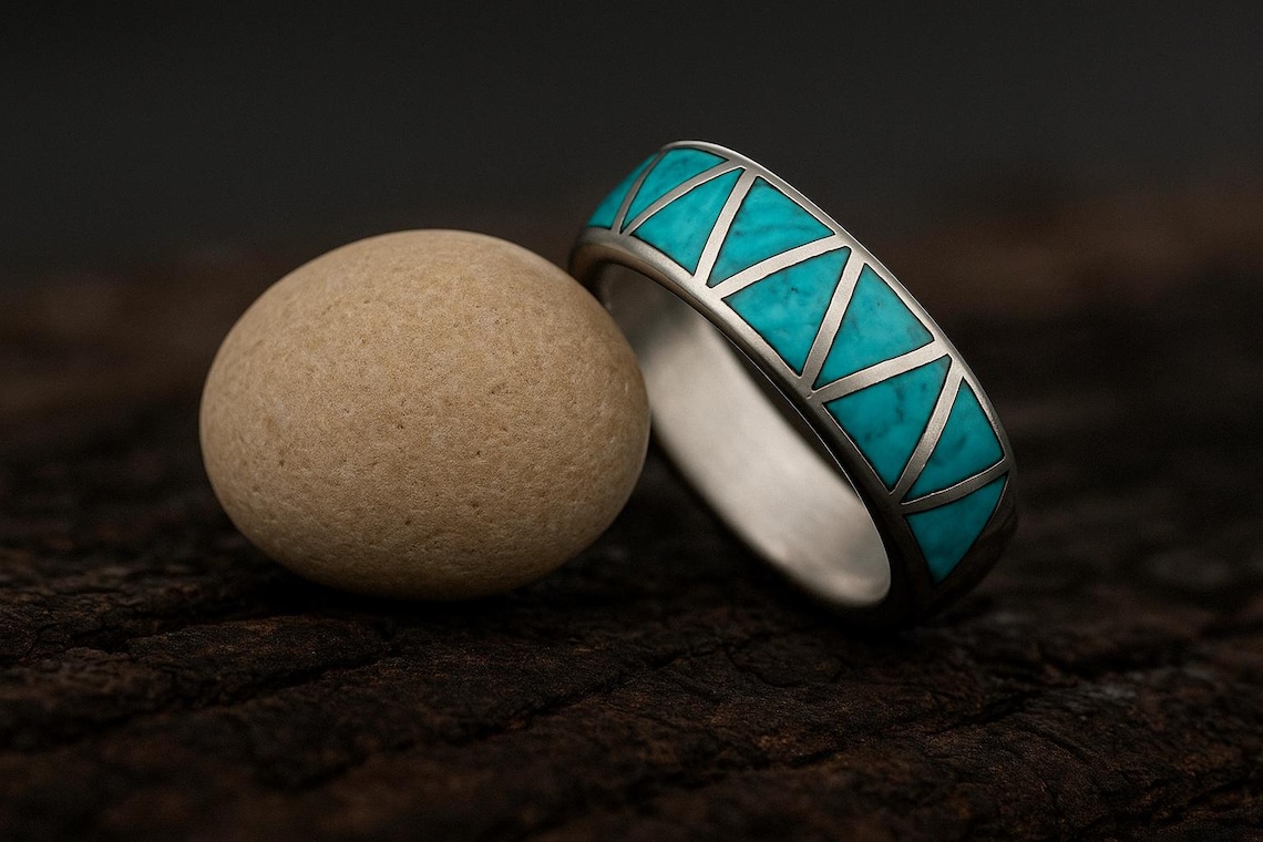 Turqoise Inlay Rings Handmade Turquoise Inlay Sterling Silver Ring: Geometric Band - Etsy