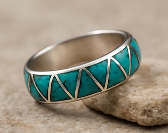Anillo de plata de ley con incrustaciones de turquesa, hecho a mano: Anillo geométrico