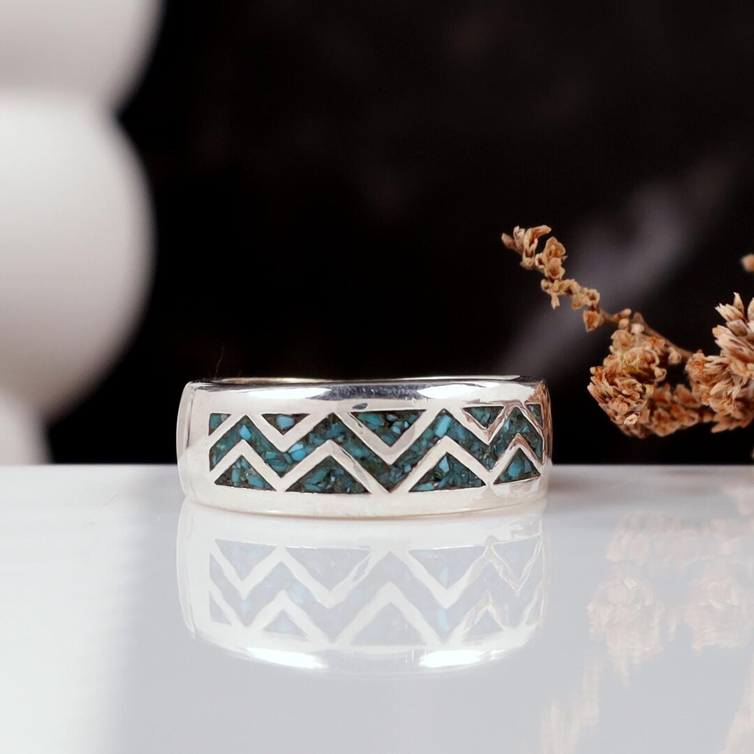 Handmade Turquoise Inlay Sterling Silver Ring: Geometric Band - Etsy