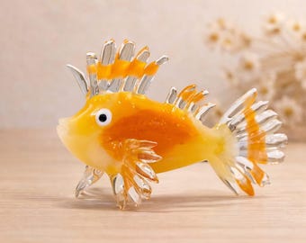 Handmade Murano Glass Art Fish Figurine, Yellow Blown Glass Sculpture for Aquarium Decor