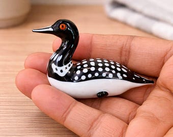 Hand Blown Glass Loon Bird Figurine, Miniature Black White Spotted Wildlife Decor