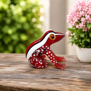 Handmade Murano Style Red Glass Art Frog Figurine: Miniature Blown Animal Sculpture.