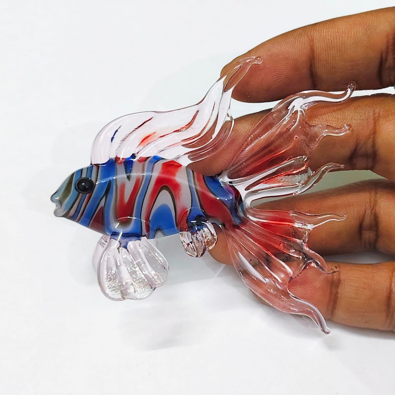 Handmade Murano Glass Art Multi Color Fish Figurine, Blown Glass Sculpture for Aquarium Decor
