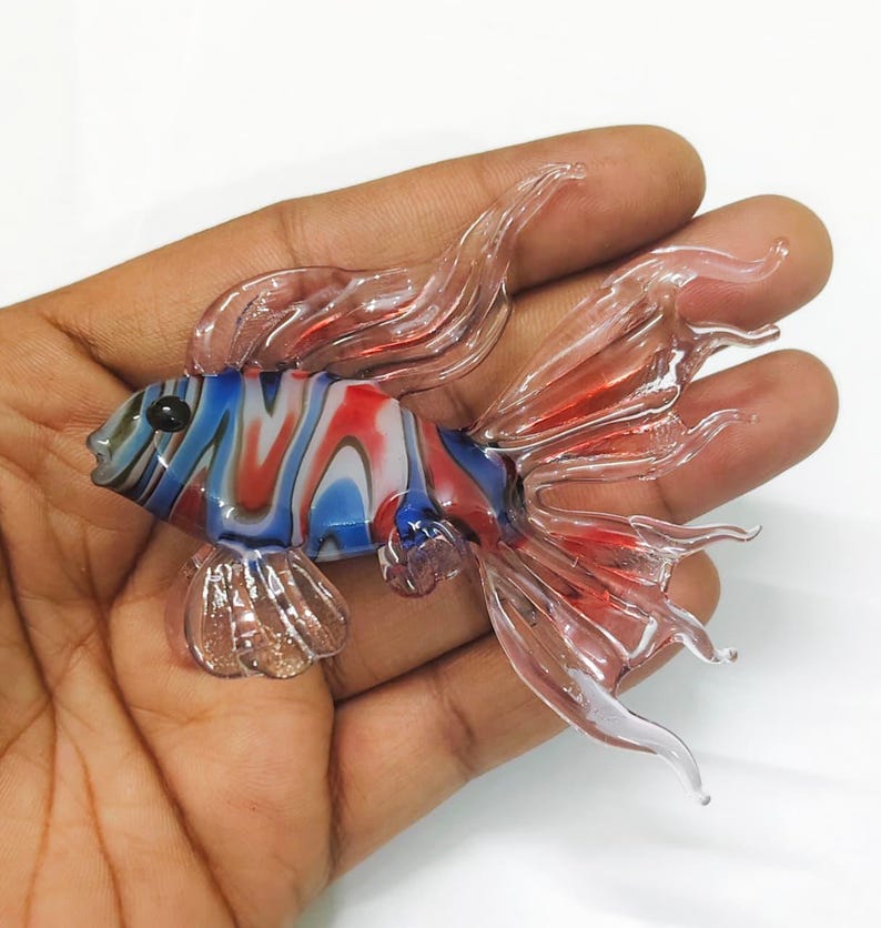 Handmade Murano Glass Art Multi Color Fish Figurine, Blown Glass Sculpture for Aquarium Decor