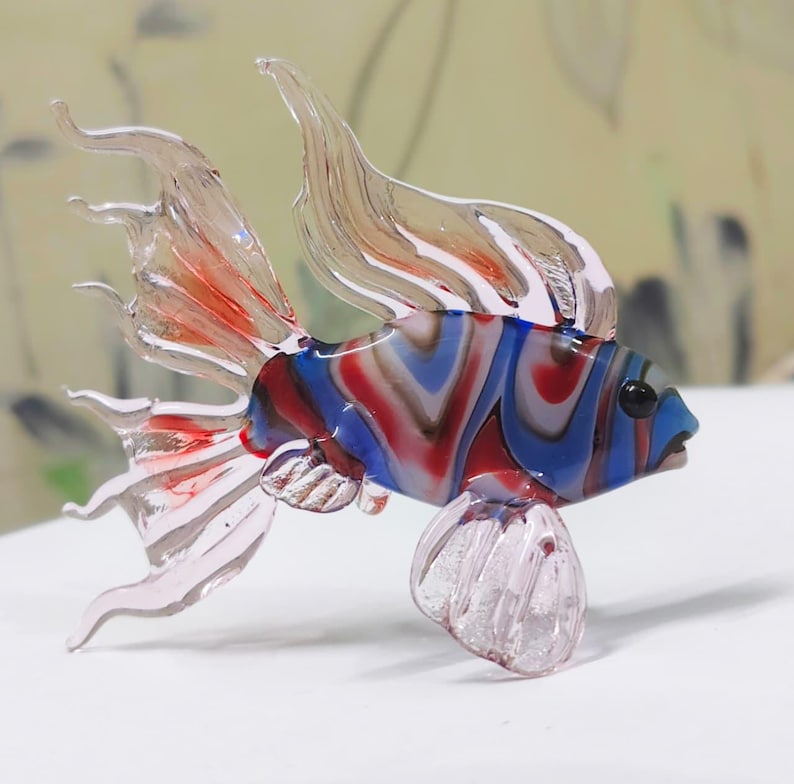 Handmade Murano Glass Art Multi Color Fish Figurine, Blown Glass Sculpture for Aquarium Decor