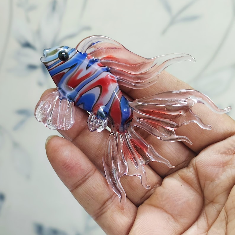 Handmade Murano Glass Art Multi Color Fish Figurine, Blown Glass Sculpture for Aquarium Decor