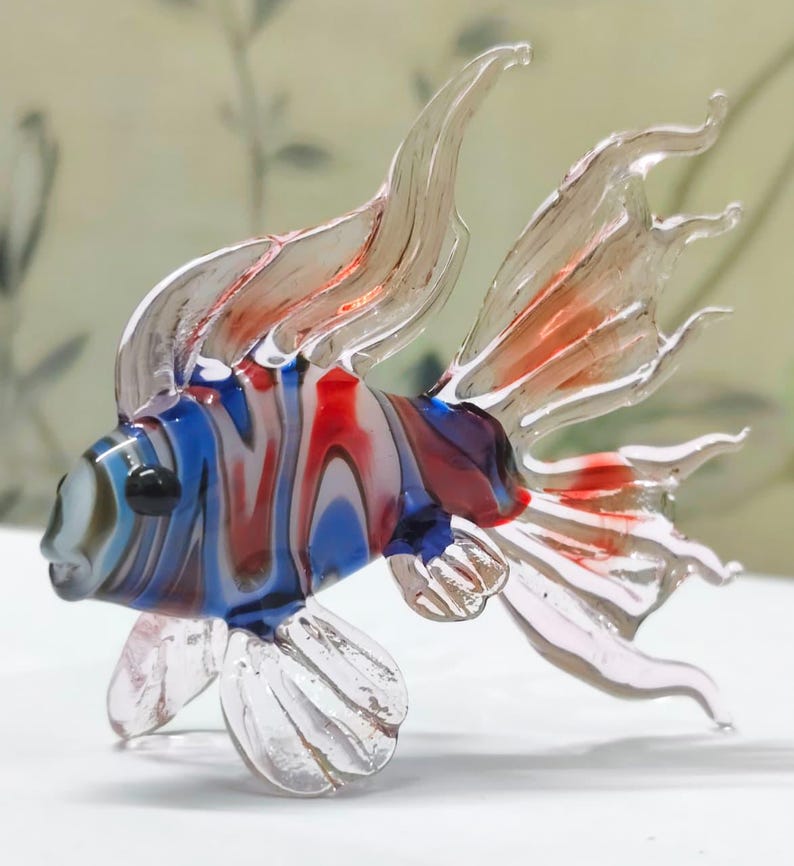 Handmade Murano Glass Art Multi Color Fish Figurine, Blown Glass Sculpture for Aquarium Decor