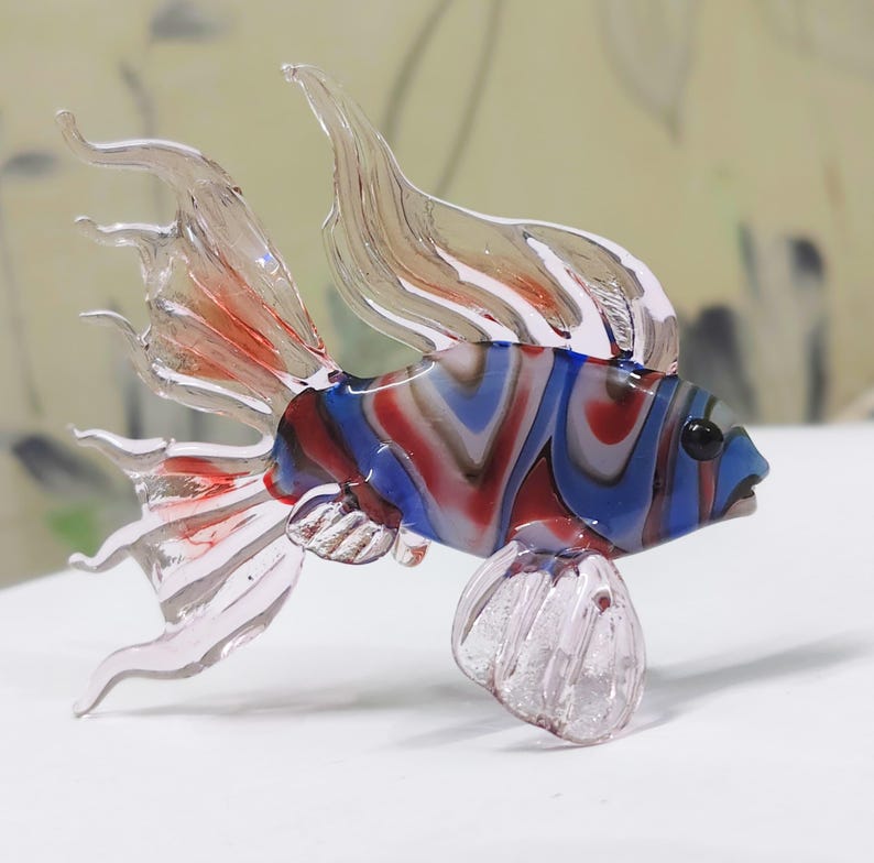 Handmade Murano Glass Art Multi Color Fish Figurine, Blown Glass Sculpture for Aquarium Decor