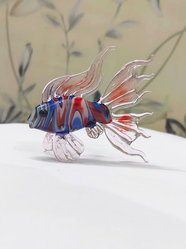 Handmade Murano Glass Art Multi Color Fish Figurine, Blown Glass Sculpture for Aquarium Decor