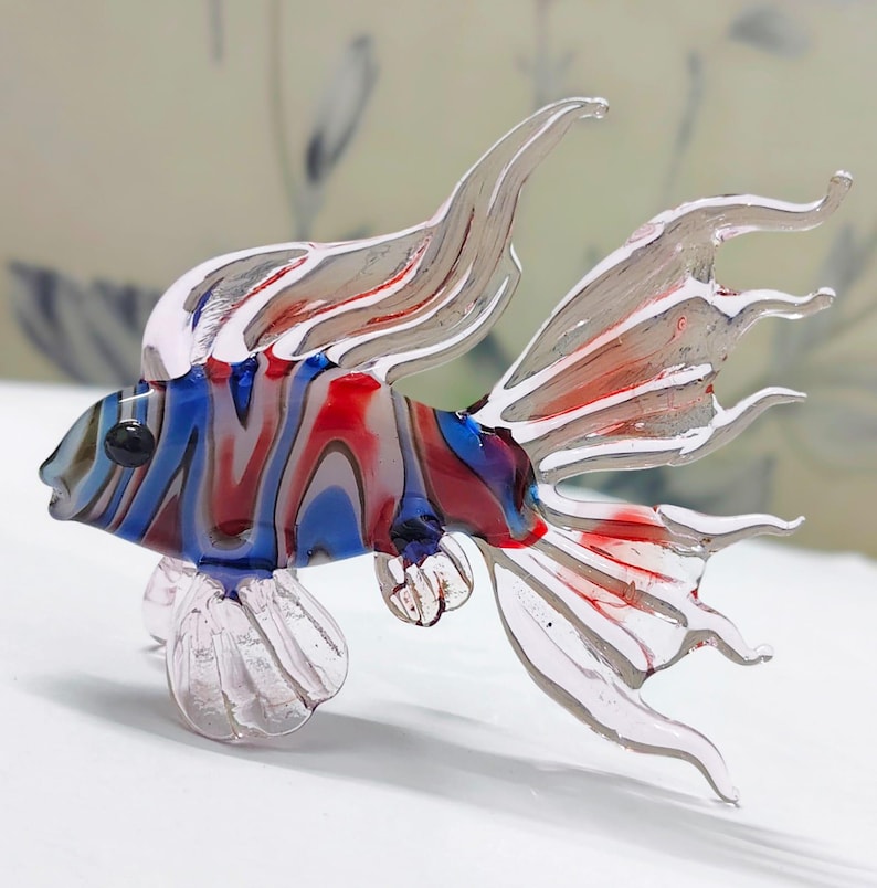 Handmade Murano Glass Art Multi Color Fish Figurine, Blown Glass Sculpture for Aquarium Decor