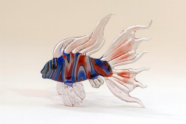 Handmade Murano Glass Art Multi Color Fish Figurine, Blown Glass Sculpture for Aquarium Decor