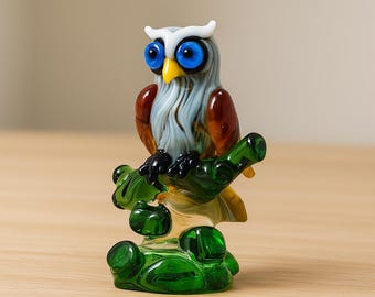 Figura de búho de vidrio soplado, escultura de pájaro blanco/marrón para decoración del hogar
