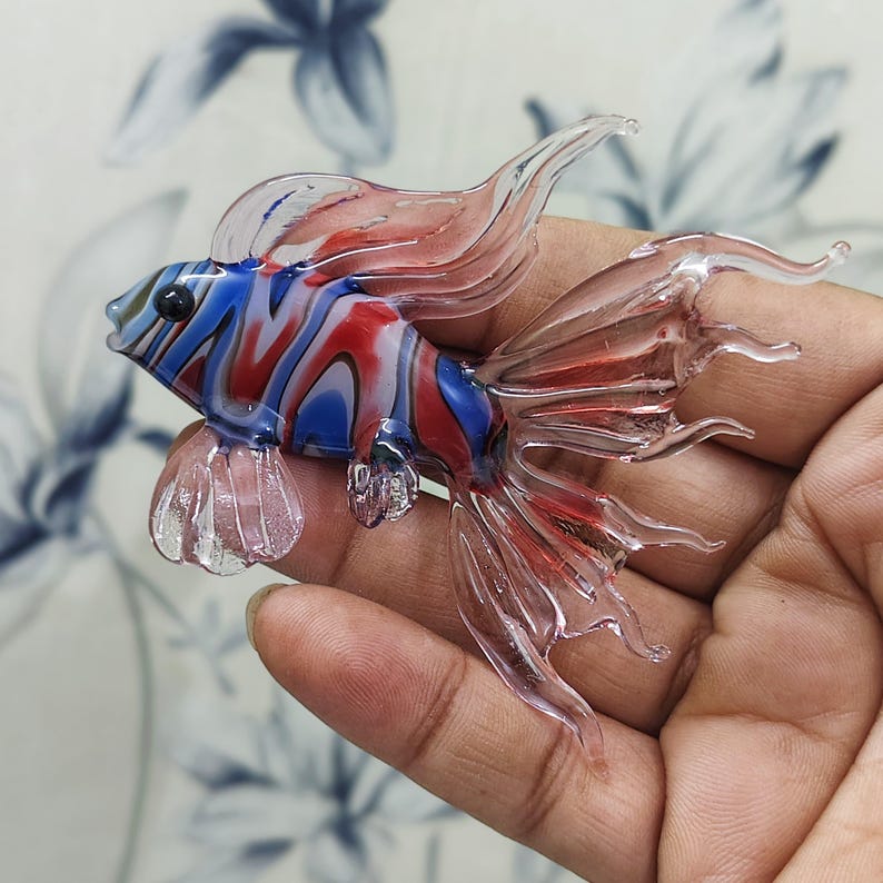 Handmade Murano Glass Art Multi Color Fish Figurine, Blown Glass Sculpture for Aquarium Decor