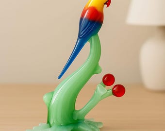 Murano Glass Art Multi Color Parrot Figurine: Bird Sculpture Blown Glass Tropical Decor