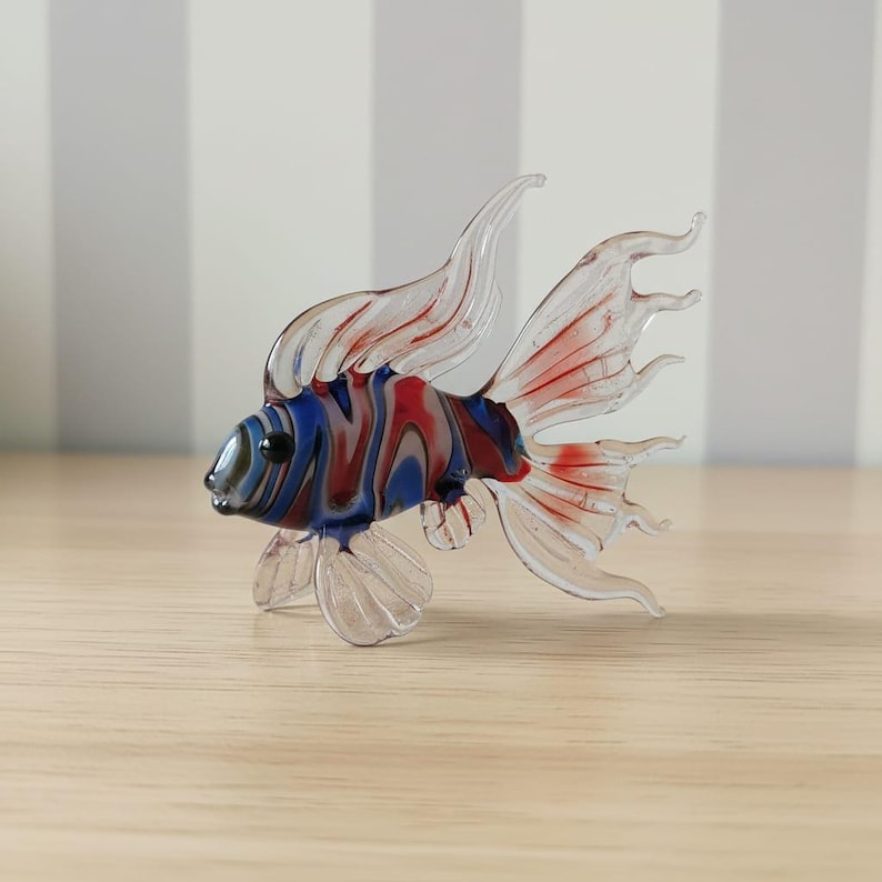Handmade Murano Glass Art Multi Color Fish Figurine, Blown Glass Sculpture for Aquarium Decor