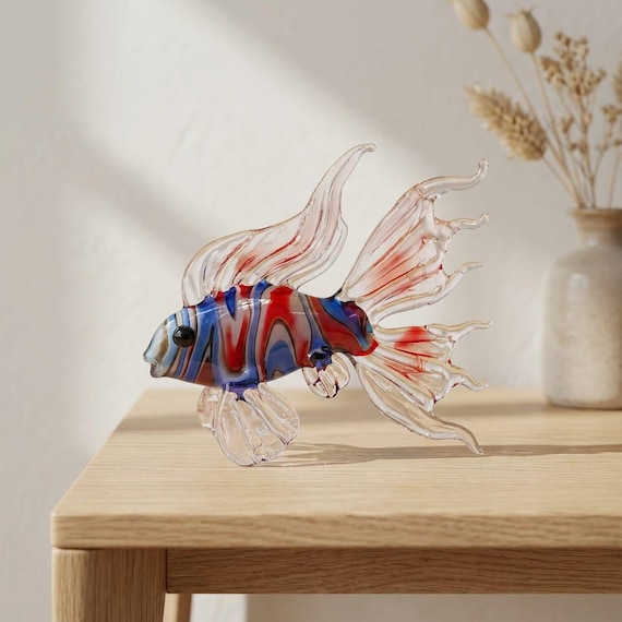 Handmade Murano Glass Art Multi Color Fish Figurine, Blown Glass Sculpture for Aquarium Decor
