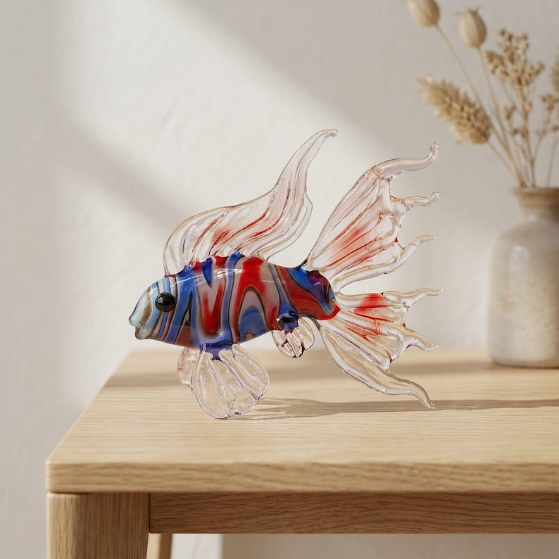 Handmade Murano Glass Art Multi Color Fish Figurine, Blown Glass Sculpture for Aquarium Decor