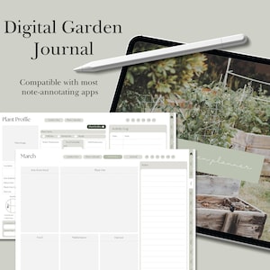 May include: Digital Garden Journal on a tablet with a white stylus. Features include plant profiles, activity logs, and undated calendars. The background shows a garden scene. The journal is compatible with most note-annotating apps.
