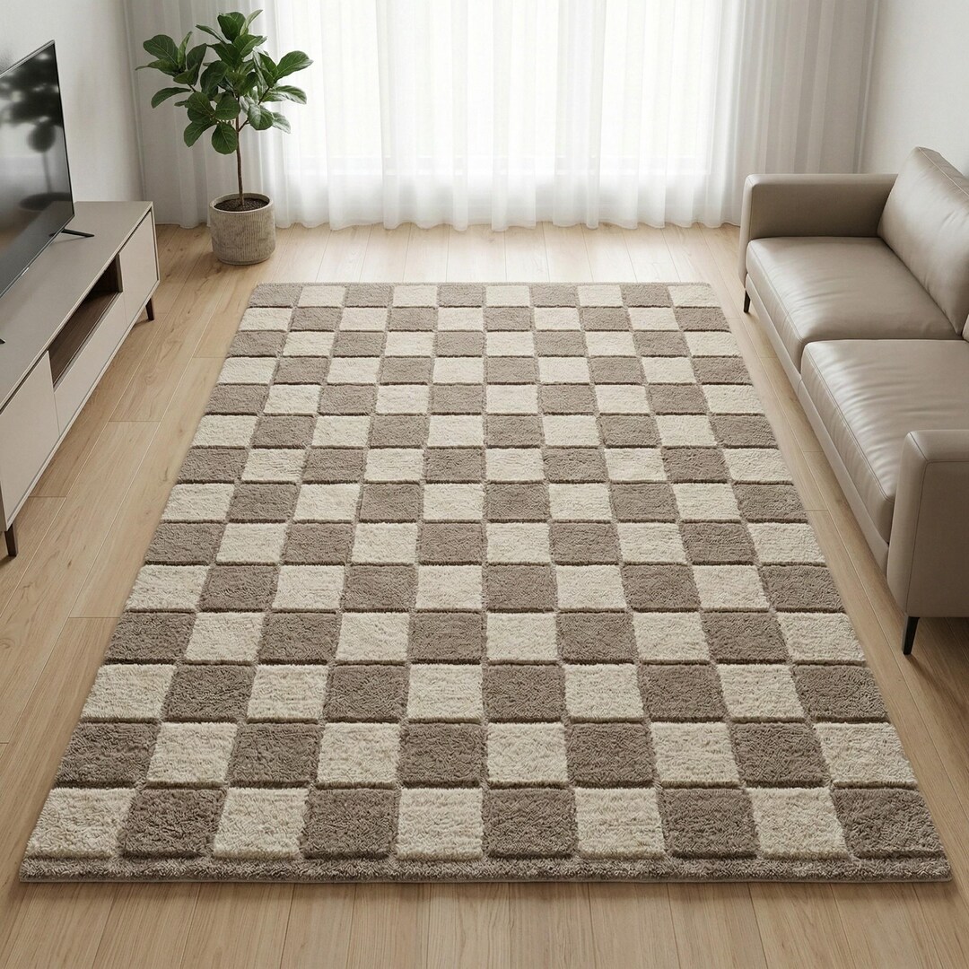 Neutral Checkerboard Rug, Beige Taupe Geometric Carpet, Modern ...