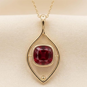 Cushion Cut Ruby Pendant Necklace, 1.3 Ct Lab Grown Ruby, Red Gemstone Necklace, Gold Open Frame Pendant, Minimal Jewelry Gift for Her