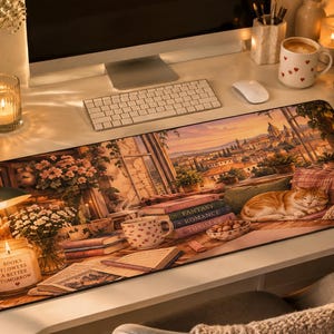 May include: A rectangular desk mat featuring a warm-toned illustration of a cozy room with a sleeping orange cat, stacks of books labeled Fantasy, Romance, and Thriller, a cup of tea, and a candle jar with the text Books Flowers A Better Tomorrow.