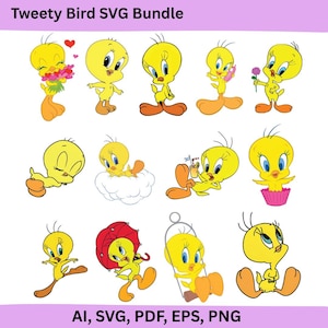 May include: A collection of yellow Tweety Bird cartoon character illustrations in various poses. The images include Tweety Bird with a flower lei, a phone, a flower, a cloud, a drink, a cupcake, an umbrella, and on a swing. Text reads "Tweety Bird SVG Bundle" and "AI, SVG, PDF, EPS, PNG".
