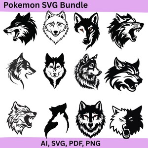 Può includere: Una collezione di disegni di teste di lupo in bianco e nero in vari stili. L'immagine include illustrazioni dettagliate di facce di lupi, alcune con la bocca aperta e denti affilati. Il testo in alto recita "Pokemon SVG Bundle" e in basso "AI, SVG, PDF, PNG".