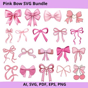Puede incluir: Una colección de diseños de lazos rosas en varios estilos. Los lazos varían en tonos de rosa, de claro a oscuro, e incluyen diferentes texturas y patrones. La imagen incluye el texto "Pink Bow SVG Bundle".