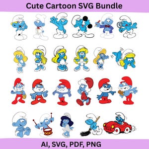 Könnte beinhalten: Eine Sammlung von Cartoon-Schlumpf-Charakteren in verschiedenen Posen. Die Charaktere sind blau mit weißen Hüten und tragen verschiedene Outfits. Der Text "Cute Cartoon SVG Bundle" steht oben und "AI, SVG, PDF, PNG" unten.