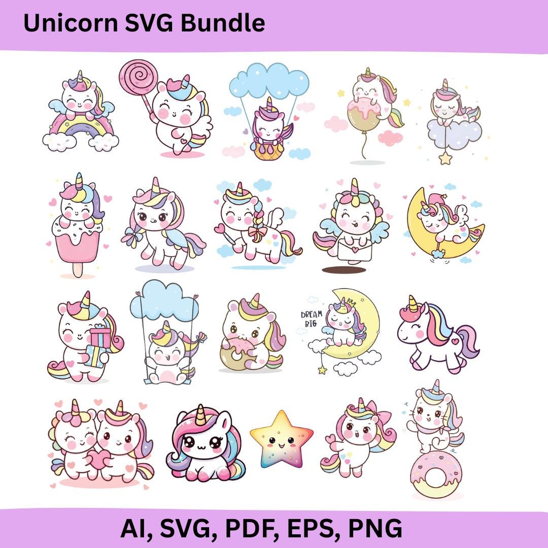 Kawaii Unicorn SVG Bundle: Pastel Clipart Cut Files (digital Download ...