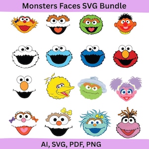 May include: A digital SVG bundle featuring colorful cartoon monster faces. The image includes various monster faces in different colors and designs, with the text "Monsters Faces SVG Bundle" at the top and file type information at the bottom.