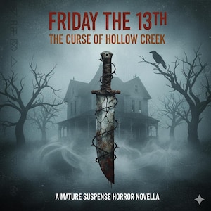Könnte beinhalten: Buchcover für "Friday the 13th: The Curse of Hollow Creek". Das Bild zeigt ein großes, verwittertes Schwert, das von dornigen Ranken umgeben ist, vor einem nebligen Haus. Eine Krähe sitzt auf einem kahlen Ast. Text: "A Mature Suspense Horror Novella."