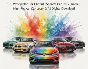 100 Watercolor Sports Car Clipart | High-Res PNG Bundle (Digital Download)