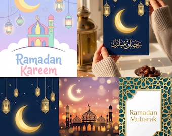 Paquete de tarjetas imprimibles de Ramadán Mubarak, tarjetas de felicitación islámicas (5x7 - 4x6)