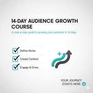 以下が含まれることがあります： 「14-DAY AUDIENCE GROWTH COURSE」というテキストと「A step a-step guide to growing your audience in 14 days」というスローガンが書かれた白いグラフィック。 「Define Niche」、「Create Content」、「Engage & Grow」の横にチェックマークが付いています。