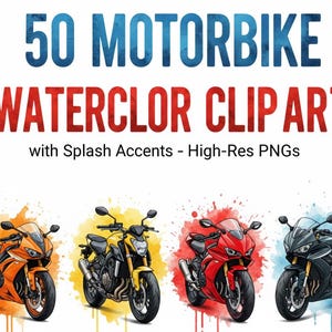 50 Motorbike Watercolor Clipart | Exploding Splash PNG Bundle (Digital Download)