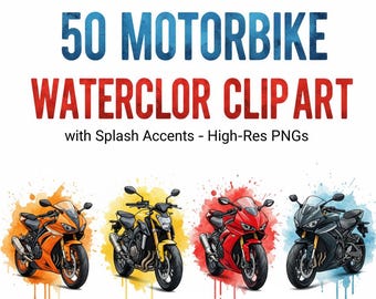 Paquete de 50 imágenes prediseñadas de acuarela de motos / PNG con salpicaduras explosivas (descarga digital)