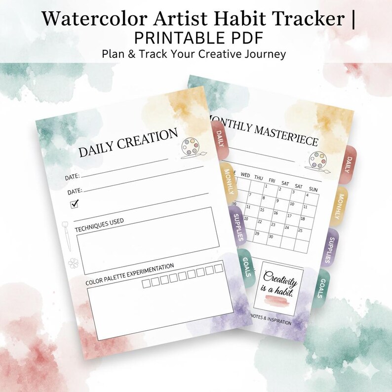 Watercolor Artist Habit Tracker PDF | Printable Daily, Weekly & Monthly Planner for Creative ...
