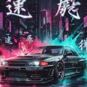 May include: A black sports car is the focal point of this digital art piece. The car is set against a backdrop of a neon-lit cityscape with Japanese characters. The artwork uses a vibrant color palette of pink, blue, and black, creating a dynamic and energetic feel.