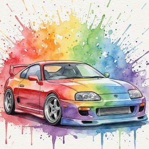 May include: Watercolor painting of a rainbow-colored sports car with a rear spoiler. The car is set against a backdrop of colorful paint splatters. The car's design features a low profile and alloy wheels.