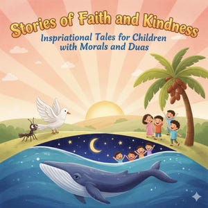 Pode incluir: Capa de livro infantil intitulada "Stories of Faith and Kindness" com contos inspiradores. A ilustração apresenta uma baleia, crianças, uma pomba, uma formiga, uma palmeira e uma lua crescente. O fundo mostra um nascer do sol sobre uma paisagem.