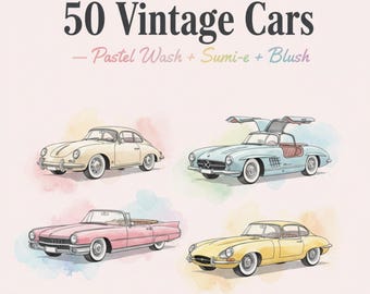 50枚のヴィンテージカーの水彩画、墨絵、パステルウォッシュ