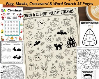 Paquete de actividades de Halloween y Navidad: páginas para colorear, máscaras y juegos (imprimibles)