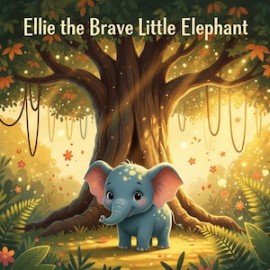 Puede incluir: Ilustración caprichosa de un elefante azul con manchas amarillas, en un bosque soleado. La imagen incluye el texto "Ellie the Brave Little Elephant". El fondo presenta un gran árbol, flores y lianas colgantes.