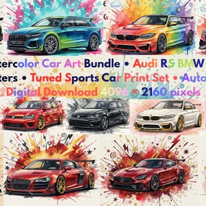 May include: A digital art bundle featuring 50 watercolor car illustrations. The image includes various car models like Audi RS, BMW M, and Mercedes AMG, with text indicating posters and automotive wall art. The image resolution is 4096 x 2160 pixels.