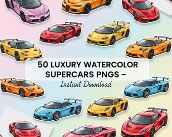Imágenes prediseñadas de superdeportivos en acuarela (PNG) – 50 coches de lujo / Ferrari, Lamborghini, Bugatti / Pegatinas, láminas, agendas