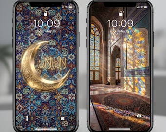 Fondos de pantalla islámicos para teléfono, Dhikr dorado 3D, Kaaba y mezquita (descarga digital)