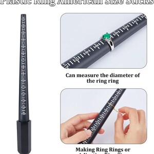 May include: Black plastic ring sizer with American size markings. The image shows how to measure ring size and adjust ring size. Text on the image reads "Plastic Ring American Size Sticks" and "Can measure the diameter of the ring ring" and "Making Ring Rings or Adjusting Ring Size."