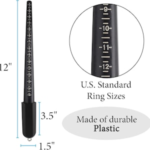 May include: Black ring sizer made of durable plastic, 12 inches long, with U.S. standard ring sizes. The base is 3.5 inches and 1.5 inches wide. The text "Made of durable Plastic" is visible.